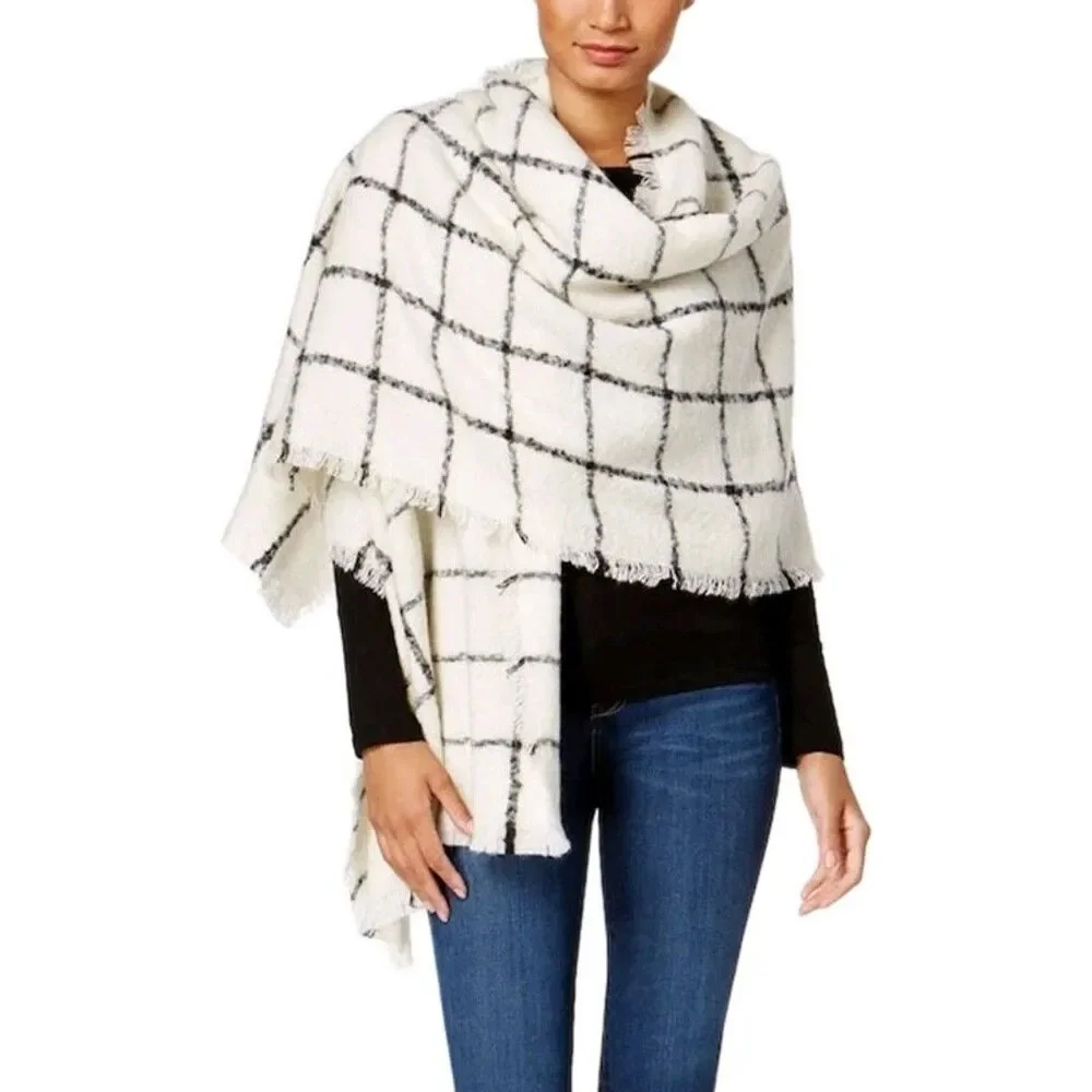 Ann Taylor Fringed Blanket Scarf White Black Plaid Gold Accents 80x27 NWT $70